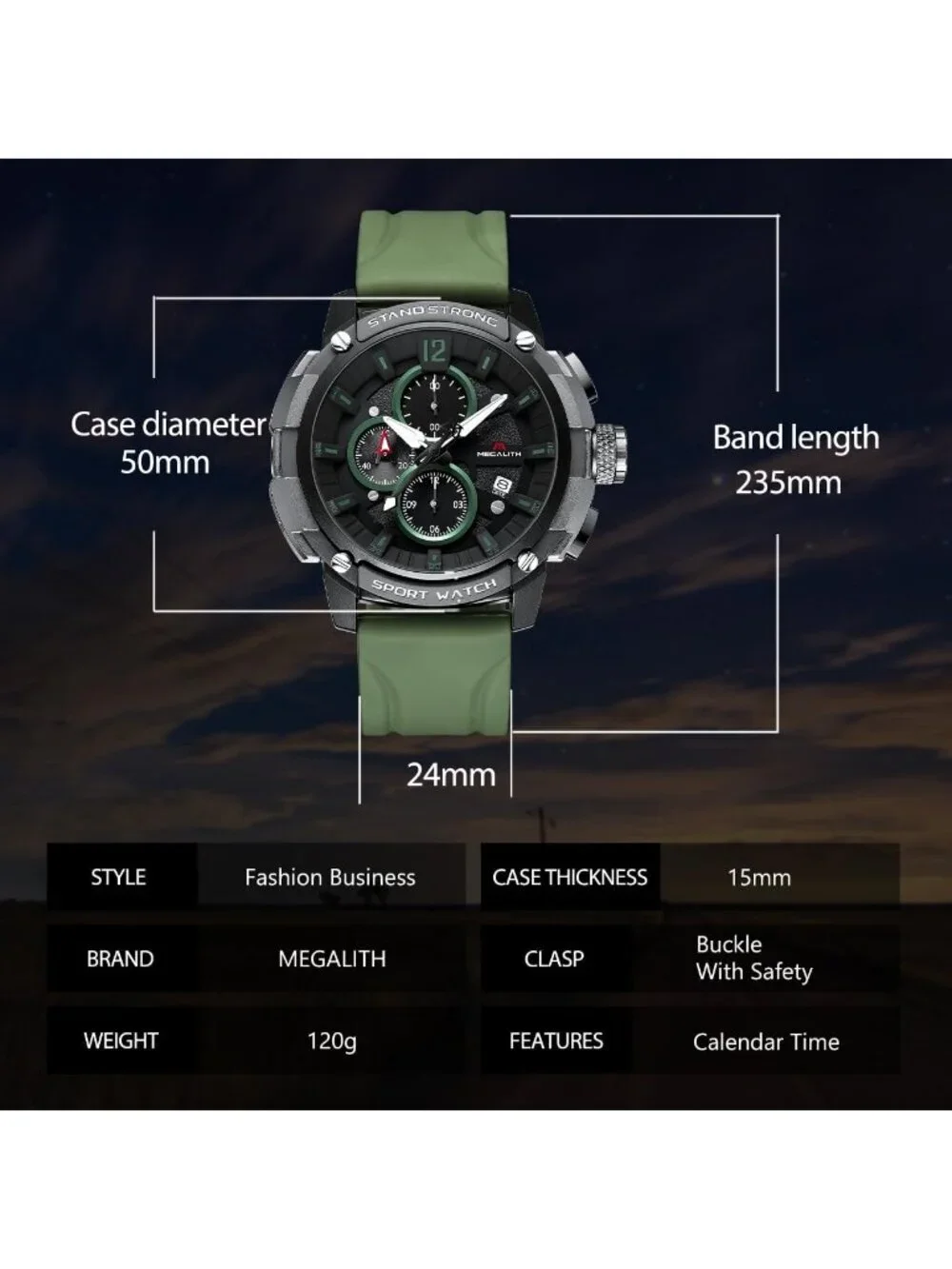 Men's Green Analog Quartz Heavy Duty Waterproof Chronograph Luminous Wrist Watch